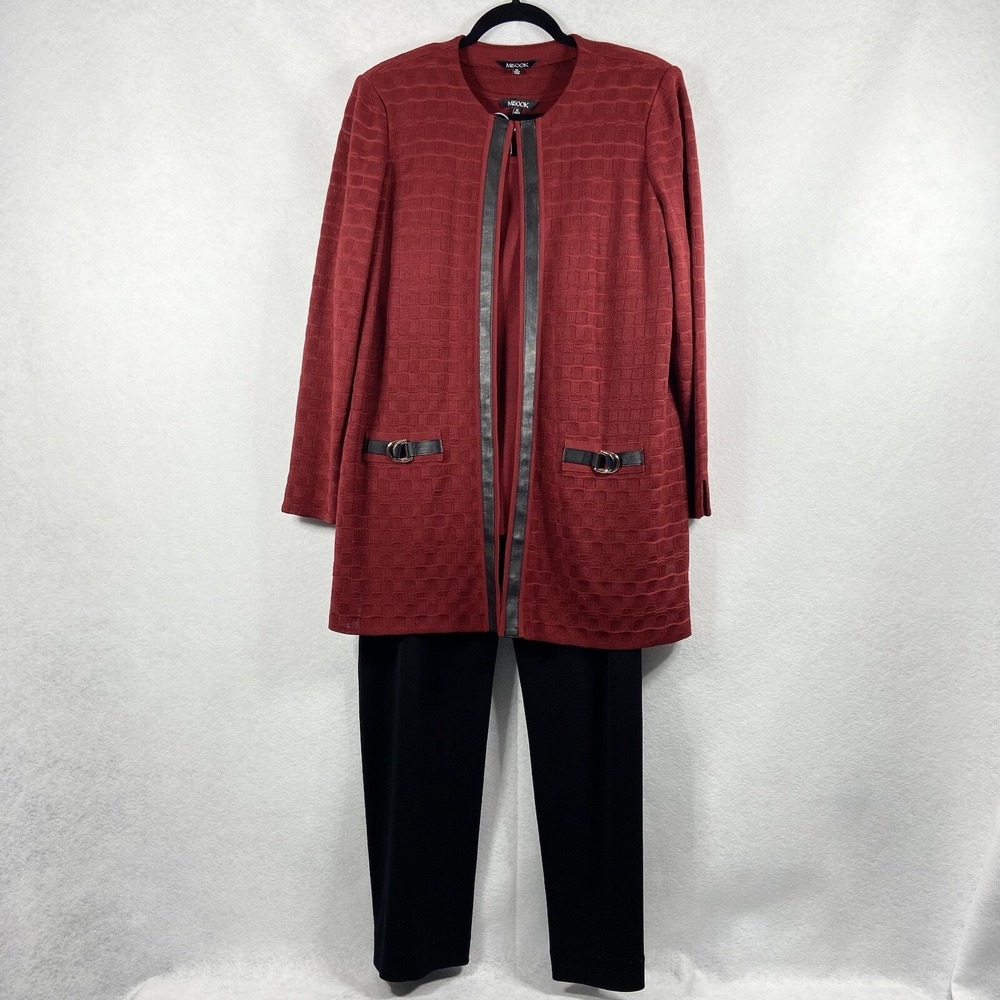 Misook 3PC Pant Suit Women's XL Red Black Blazer Top & Pant Knit Stretch